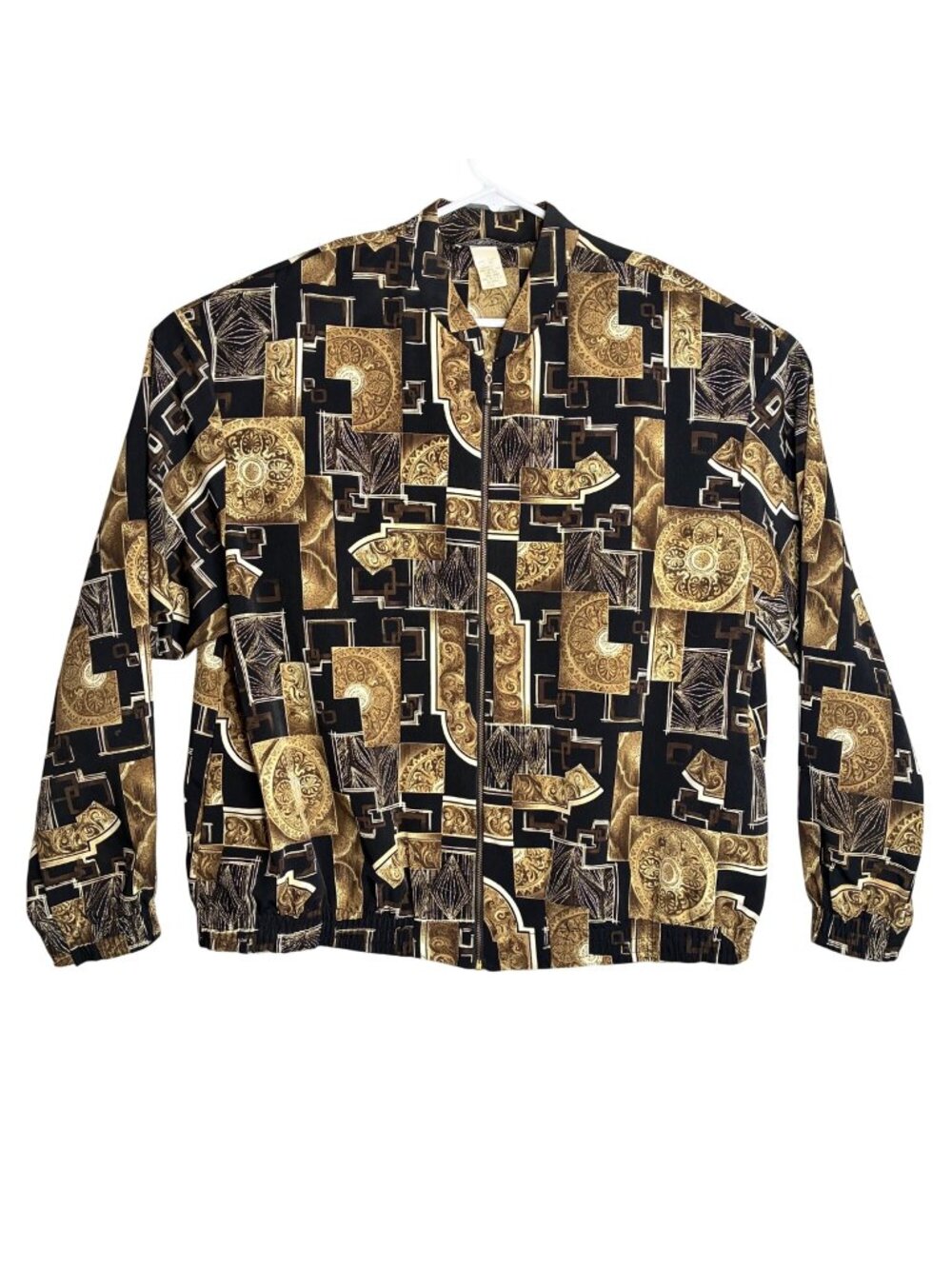 Kensington Square Vintage Jacket 2X Mens Black Gold Geometric Zip Up Made in USA